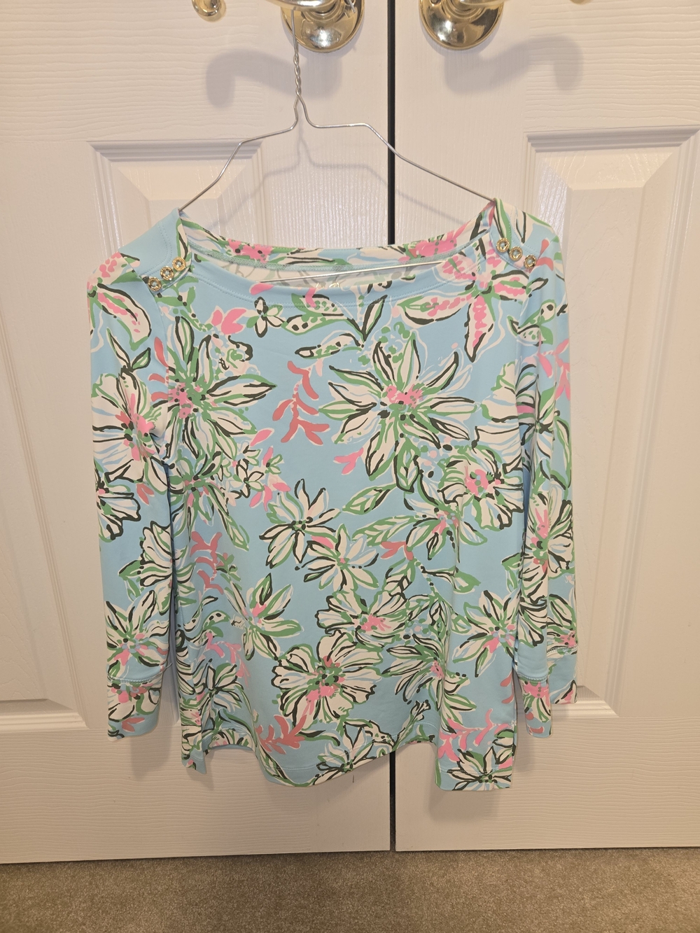 Light Blue Floral Boatneck Top with Gold Buttons
